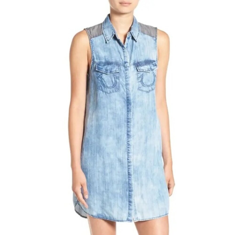 True Religion Womens Sleeveless Bleached Denim Chambray Georgia Dress Blue XS